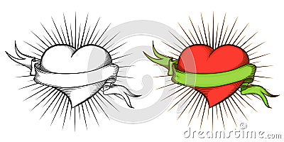Heart with ribbon in tattoo style. Vector Illustration