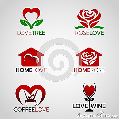 Heart and rose logo , home love logo and coffee and wine logo vector set design Vector Illustration