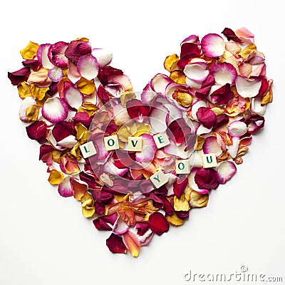 Heart of rose petals with the words: love you Stock Photo