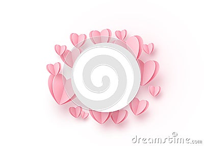 Heart round background with light pink paper hearts and circle white frame at the centre. Copy space. Love pattern for Vector Illustration