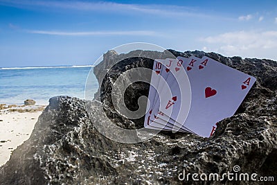 heart royal flush poker card gamble beach Stock Photo