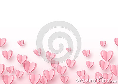 Heart seamless background with light pink paper cut hearts. Love pattern for graphic design, cards, banner, flyer Vector Illustration