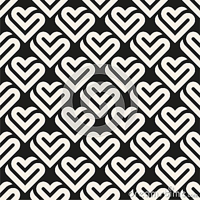 Heart seamless geometric pattern, endless texture. Monochromes striped hearts on white background. Vector Vector Illustration