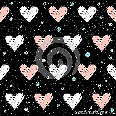 Heart seamless pattern background. Doodle handmade pink and whit Vector Illustration