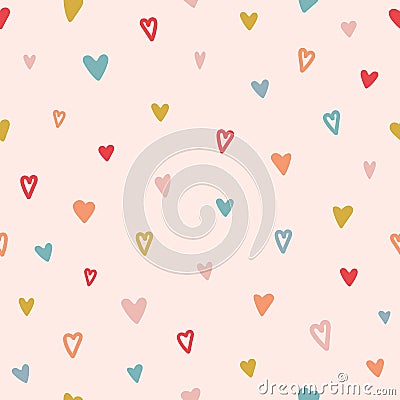 Heart seamless pattern. Color hand drawn heart texture. Valentines Day card. Color doodle hearts in different shapes Vector Illustration