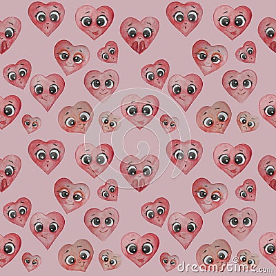 Heart seamless pattern. Cute different hearts with faces, hands and emotions - happiness, surprise, bliss, playfulness - Stock Photo