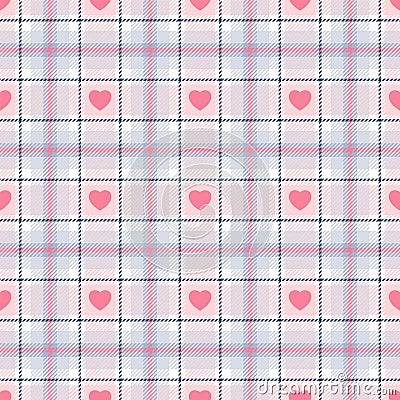 Heart seamless pattern. Repeating plaid tartan pink color. Check design prints. Repeated scottish flannel. Madras fabric. Modern Vector Illustration
