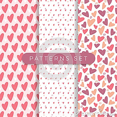 Heart seamless pattern set. Vector love illustration. Valentine Day, Mother Day. Wedding, scrapbook, gift wrapping paper, textil Vector Illustration