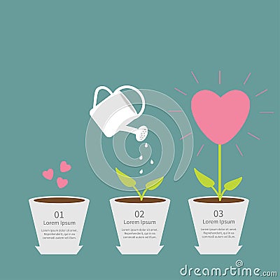 Heart seed, watering can, love plant. Growth concept. Flat design infographic. Vector Illustration