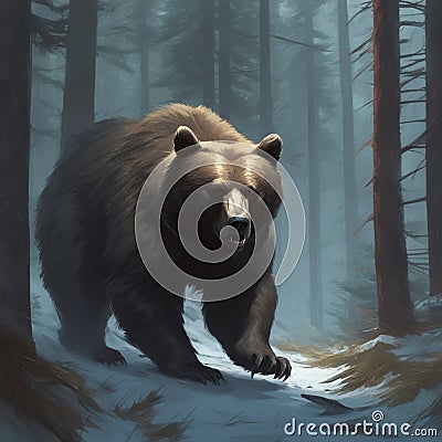 Affectionate Brown Bear Family in the Winter Forest Stock Photo