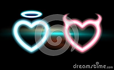 Heart set neon blue, pink radiant horned Devil, glow halo Angel for Valentines day Halloween. Icon holiday night love design. Vector Illustration