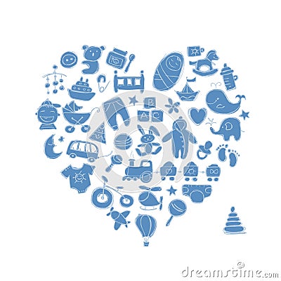 Heart shape design with toys for baby boy Vector Illustration