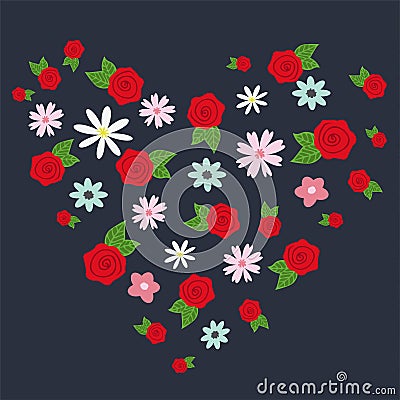 Heart shape filled with different flowers isolated on navy blue background Vector Illustration