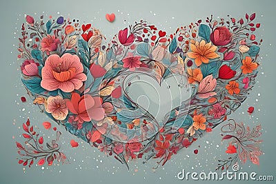 The heart shape is filled with doodles of flowers, stylized plants, dots. Greeting card template Stock Photo