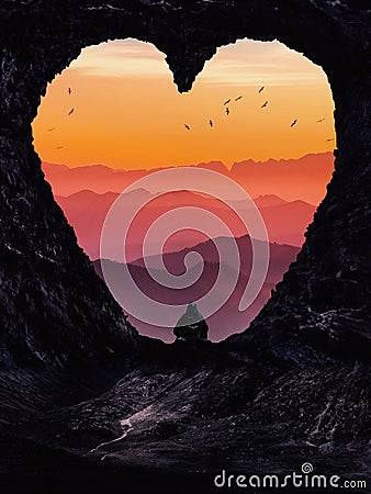 Heart shape gate and sunset mountains Stock Photo
