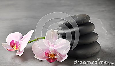 Flower and stone zen spa on grey background Stock Photo