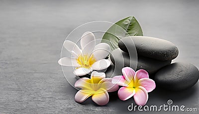 Flower and stone zen spa on grey background Stock Photo