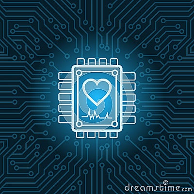 Heart Shape Icon On Chip Over Blue Circuit Motherboard Background Vector Illustration