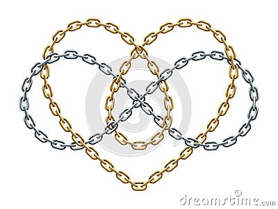 Heart with infinity symbol of gold and silver chains. Forever love sign. Vector illustration Vector Illustration