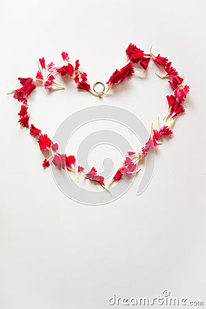 Heart shape made by red carnation petals with ring Stock Photo