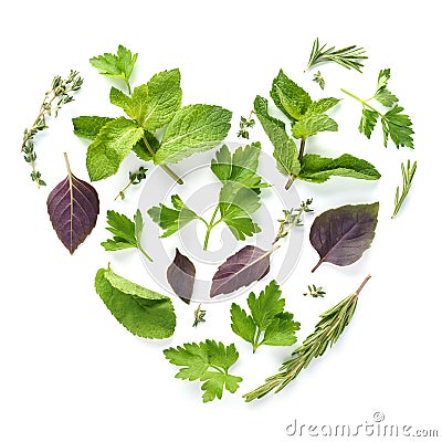 Heart shape made of various fresh herbs on white background Stock Photo