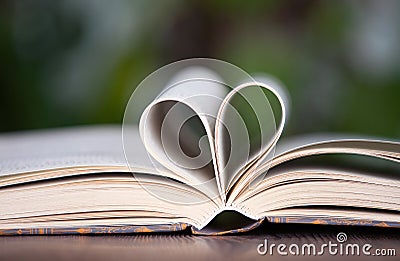 The heart shape of the opened page of the previous book on the green background Stock Photo