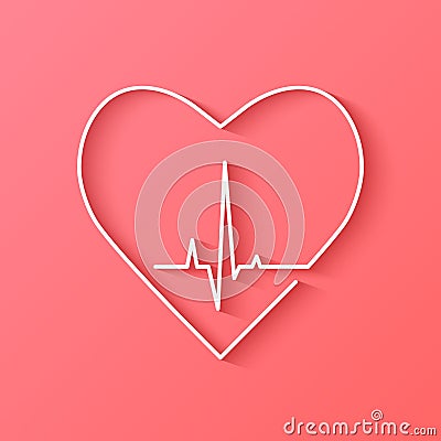 Heart shape outline with heartbeat, rate and pulse line inside in flat design Vector Illustration