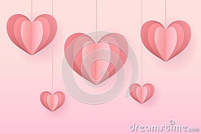 Heart shape paper carved elements hanging on pink background. Symbols of love for Valentine's day, happy Vector Illustration