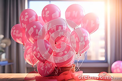 Heart shape pink balloons. Valentine's Day or Mother's Day elements against blue sky background Stock Photo