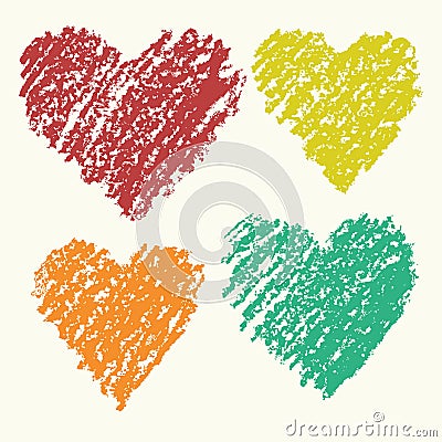 Heart shape retro color art strokes crayon hand drawing set. Group of Valentine day funny love heart. Vector Illustration