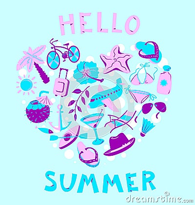 Heart shape with summer objects. Beach items in simple style.Hello summer lettering. Vector Illustration