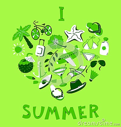 Heart shape with summer objects. Beach items in simple style. I Vector Illustration