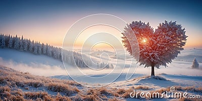 heart shape tree on winter snow land. Love symbol, concept for Valentine s Day, wedding etc Stock Photo