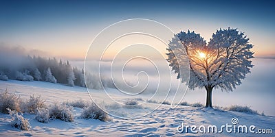 heart shape tree on winter snow land. Love symbol, concept for Valentine s Day, wedding etc Stock Photo