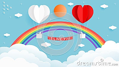 Heart shape white and red balloon on the sky with beautiful rainbows Vector Illustration
