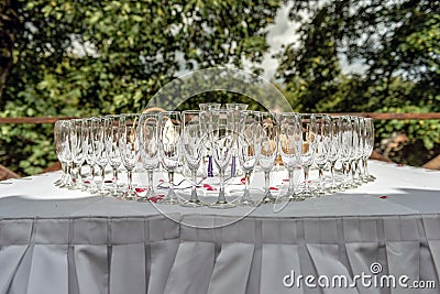 Heart-shaped arranged champagne glasse Stock Photo