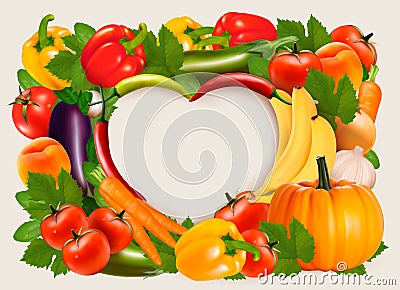 Heart shaped background made of vegetables and fruit. Vector Illustration