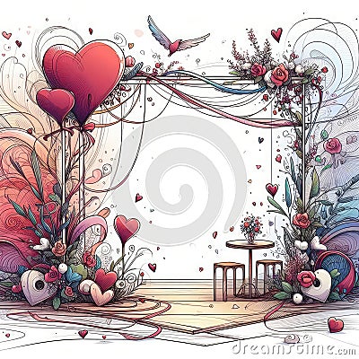 Heart-shaped Balloon Arch with Table and Chairs Cartoon Illustration