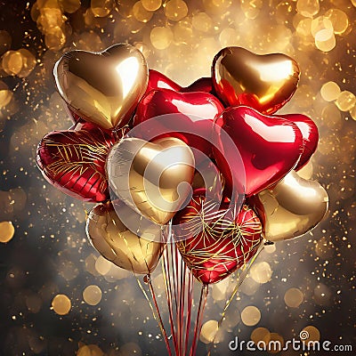 Heart-Shaped Balloon Bouquet Red and golden colors in a radiant Stock Photo