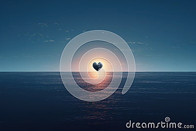 A heart shaped balloon buoyantly drifts amidst the vast expanse of the open ocean, A heart-shaped moon over a calm sea, AI Stock Photo