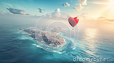 Heart Shaped Balloon Flying Over Ocean Stock Photo