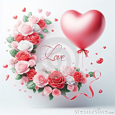 Heart-shaped balloon with roses and love inscription Stock Photo