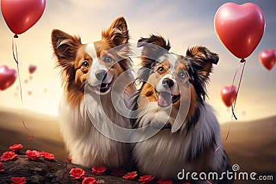 A heart shaped balloon symbolizes the bond between two affectionate collies Stock Photo