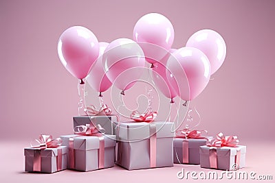 Heart shaped balloons and gift boxes for mothers and valentines celebration on pink background Stock Photo