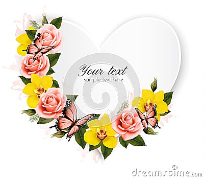 Heart shaped banner with roses and yellow orchids. Vector Illustration