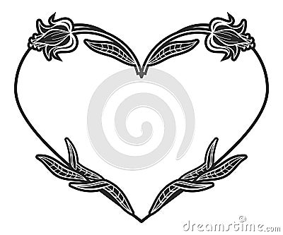 Heart-shaped black and white frame with floral silhouettes. Stock Photo