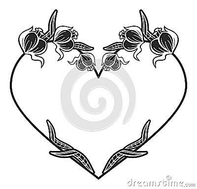 Heart-shaped black and white frame with floral silhouettes. Stock Photo