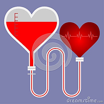 Heart shaped blood bag with a pipe that takes the blood to the heart Vector Illustration