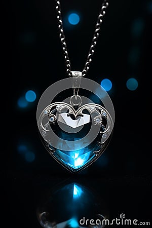 Heart shaped blue necklace pendant - silver chain - black background - blue glow - blue sapphire Stock Photo