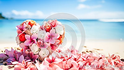 Heart shaped bouquet of pink frangipani and white roses on sandy shore Stock Photo